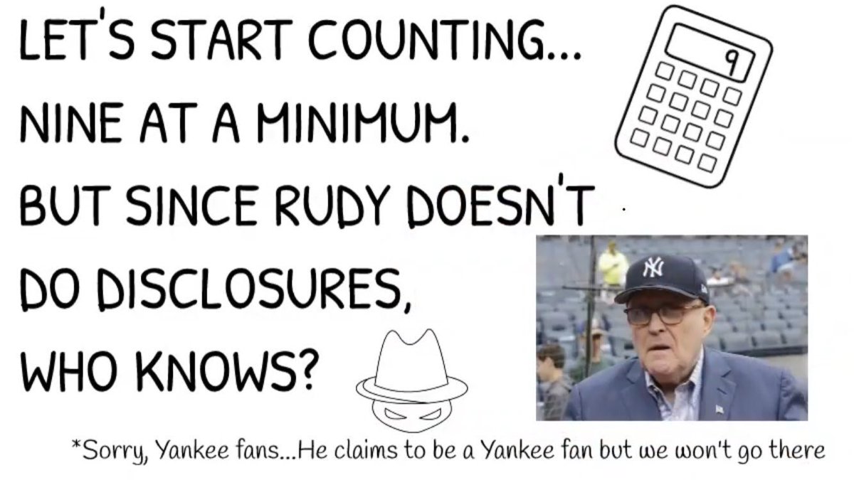 3/ THE HAT TRICK: As  @tracygreen began tallying the numbers, nine was her initial tally. But since Giuliani doesn’t do disclosures—we’ll get to that—the actual number may be cranked up to 11.