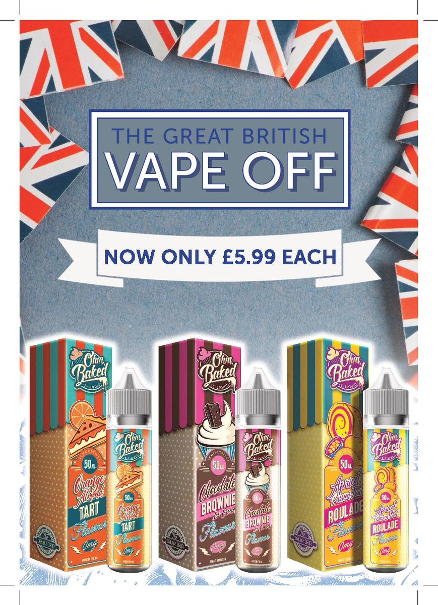EssentialsLee's tweet photo. It's the final of the Great British Bake off tomorrow so we have a special on #OhmBaked cake flavours, Orange &amp; Almond tart, Apricot &amp; Passionfruit roulade and Chocolate Brownie are just £5.99 for a 50ml shortfill #BPLeeonSolent #VapestoreLeeonSolent #vapeshop #vape #bakeoff https://t.co/5jjdRbvoaI