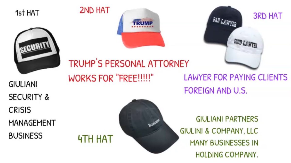 4/ THE OPPORTUNIST: Personally, I was shocked to learn that Giuliani built quite the empire profiteering off the tragedy of 9-11. Who knewCheck out first four hats:1. Giuliani Security Crisis Mngt2. Trump freebie3. Lawyer for foreign & domestic clients4. Giuliani & Co LLC