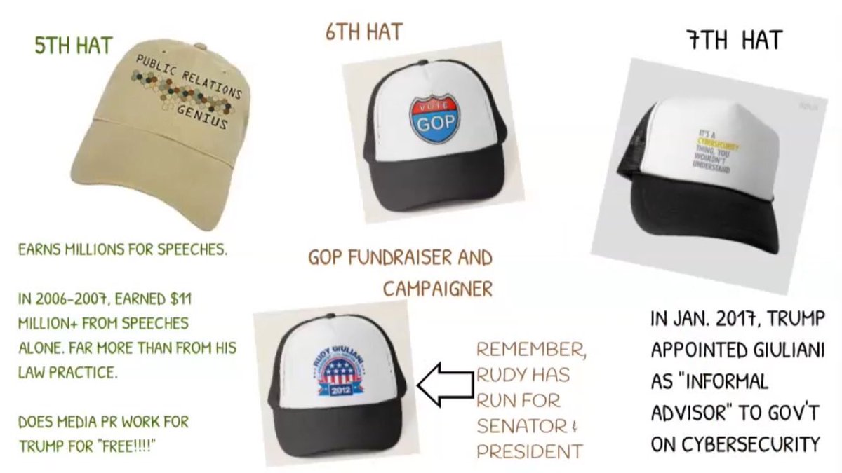 5/ LOSS LEADER: Hats five through seven are revealing, as doing free p.r. for his pal Trump is looking like quite the loss leader. 5. High-buck speaker—except free for Trump6. GOP fundraiser & campaigner (who ran for Pres. and Senate)7. “Informal” Gov’t Cyber Security Advisor