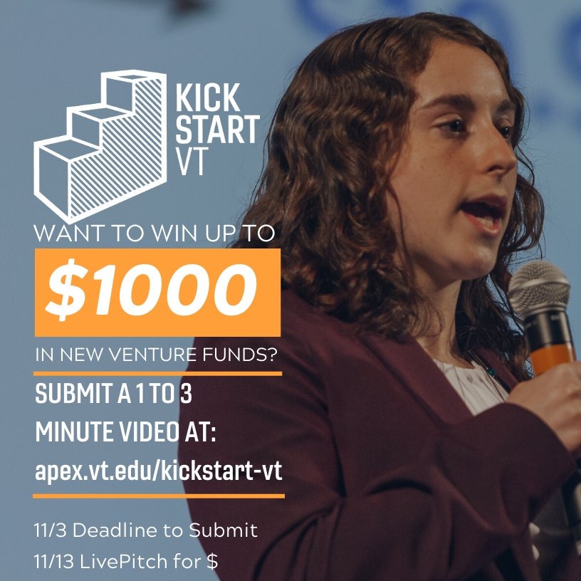 ApexCenterVT's tweet photo. Hey #Hokies, working on a #startup or new idea? Heard about the @ApexCenterVT's #KickStartVT program? Enter now for the opportunity to win REAL MONEY to support your next big idea! The next deadline is November 3rd. The application takes 5 minutes! https://t.co/HtGArGqDD5 https://t.co/NX7sk0vP3A