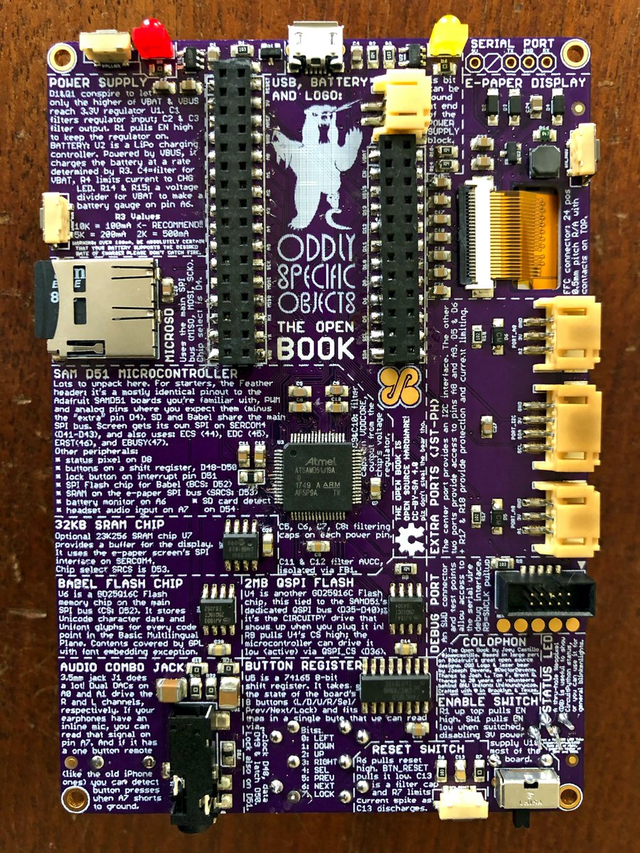 josecastillo's tweet photo. Meet the very first Open Book, in lovely @oshpark purple! A Feather-form SAMD51 board (inspired greatly by the @Adafruit PyBadge) with eInk screen, 8 buttons, headphone jack, STEMMA ports and more. Some things to fix in Rev 2 but it’s getting very close :) https://t.co/clqGKfF8oE https://t.co/PidnvQ9VQi