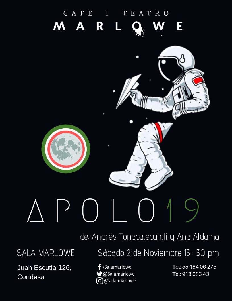 Apolo 19
2 de Noviembre 13:30

<a href="/SalaMarlowe/">Sala Marlowe</a> 

#teatro #teatroparaniñosyniñas #salamarlowe #espacio #apolo50 #apolo19 #apolo