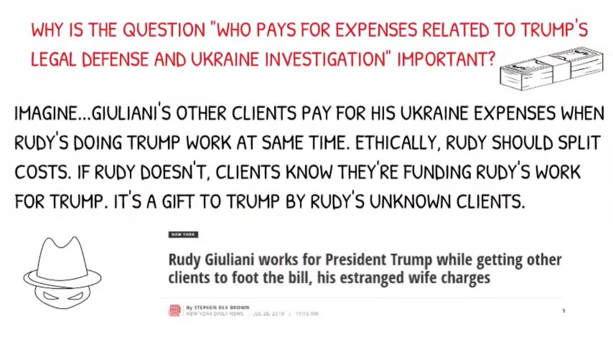 7/ WONKS WANNA KNOW: Before we reveal more hats, let’s get wonky.As Trump’s personal attorney, communications are secret. Who pays his Ukraine investigation expenses? Who paid for his indicted gofers expenses? Rudy says “none of your business” but the ethical issues loom large.