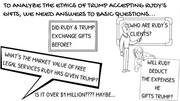 8/ GIFT HORSE:  @tracygreen says: “To analyze the ethics of Trump accepting Rudy’s gifts, we need answers to basic questions—who are Rudy’s clients, will Rudy deduct the expenses of his gifts to Trump, did they exchange gifts before and what’s the value of free legal svs? A mill?”