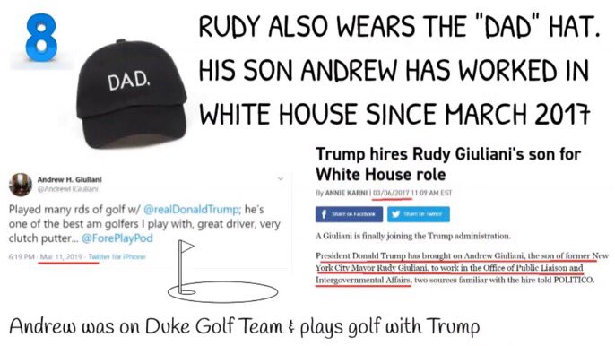 9/ GIULIANI & SON: So now that we revealed the komprocations posed by hats 1-7, let’s see what’s behind hat number eight. Shocked not shocked: nepotism.8. The “dad” hat: Giuliani’s son the golfer works directly for Trump in the White House.