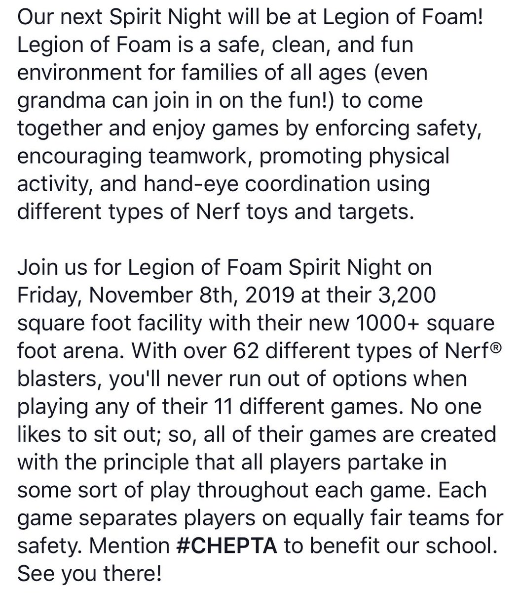 CHEPTAEagles's tweet photo. Join us for our next #SpiritNight at Legion of Foam in Round Rock on Friday, November 8th, 2019! Please, be sure to mention #CHEPTA so our school benefits from your family fun. See you there! https://t.co/EUmZ4RHMwQ
