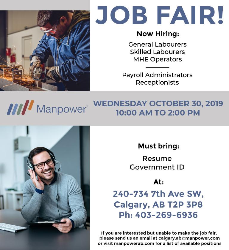 Manpower Alberta On Twitter Looking For New Opportunity Come By Our Job Fair This Wednesday October 30th Opportunities Available For General Labourers Skilled Labourers Mhe Operators Payroll Administrators Receptionists Jobfair Yyc