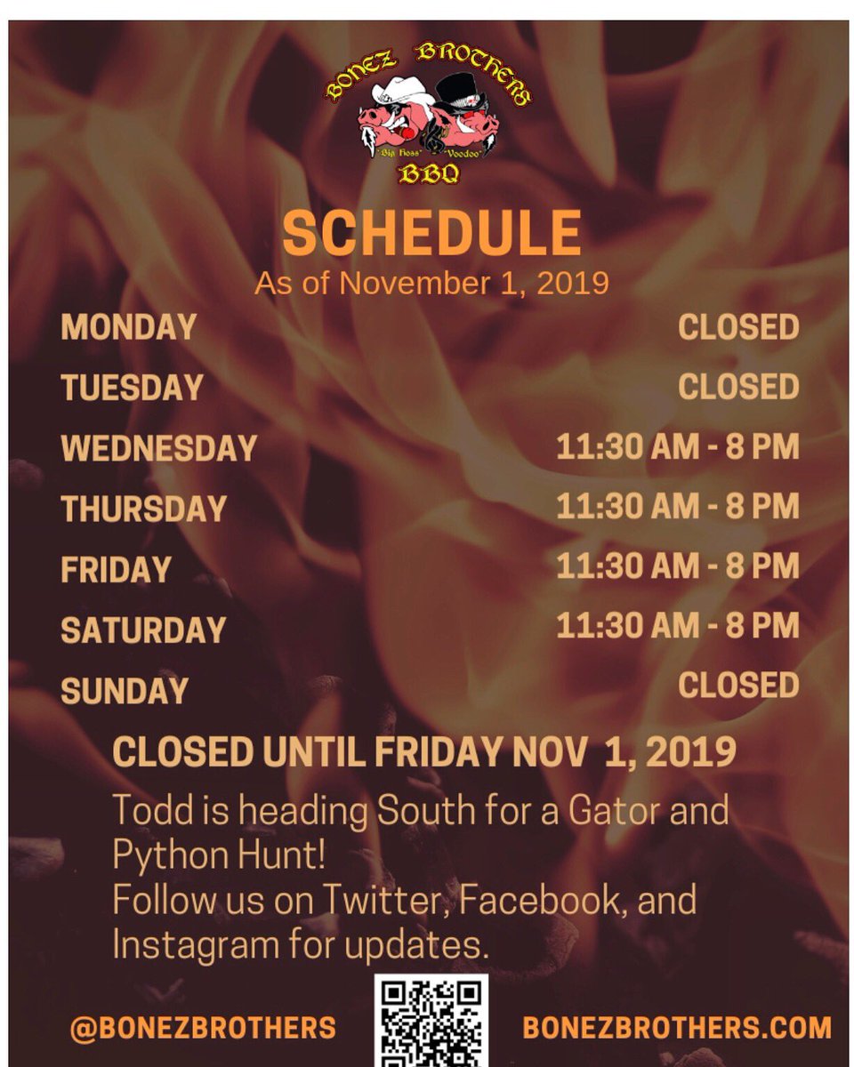 BonezBrothers's tweet photo. Just a reminder that we will reopen this Friday (November 1st) with our new hours! Make sure you come see us for lunch or stop by and grab some dinner to take home.
#bonezbrothersbbq
#openfordinner
#quincy
#quincyfoodies
#southernbbq
#smokedmeat
#smokedmeats
#food
#eatlocal https://t.co/Cvv7DS35BS