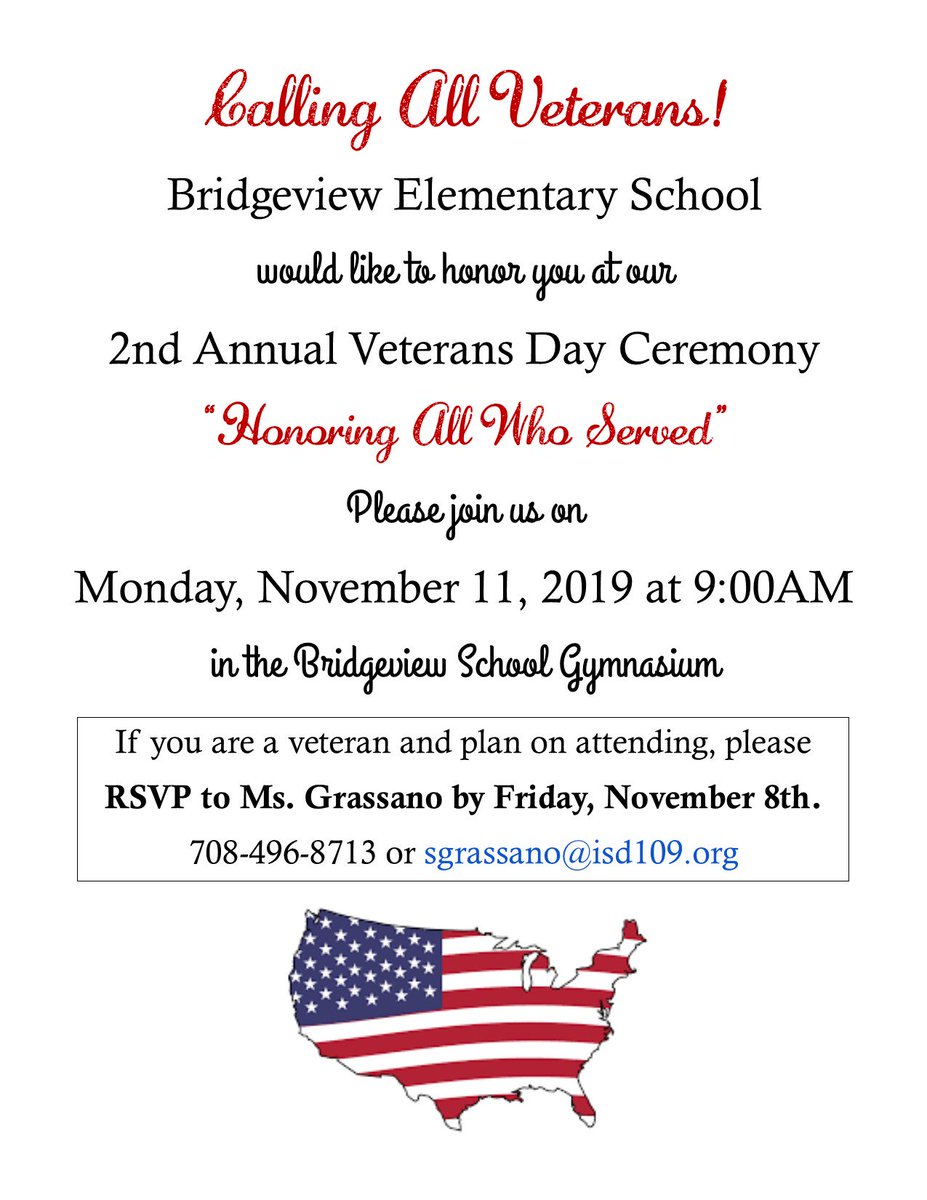 Bridgeview School (@bvgobobcats) on Twitter photo Attention Veterans! Bridgeview Elementary School would like to honor you at our upcoming 2nd Annual Veterans Day Ceremony. Check out the flyer below for more information! Attention Veterans! Bridgeview Elementary School would like to honor you at our upcoming 2nd Annual Veterans Day Ceremony. Check out the flyer below for more information!