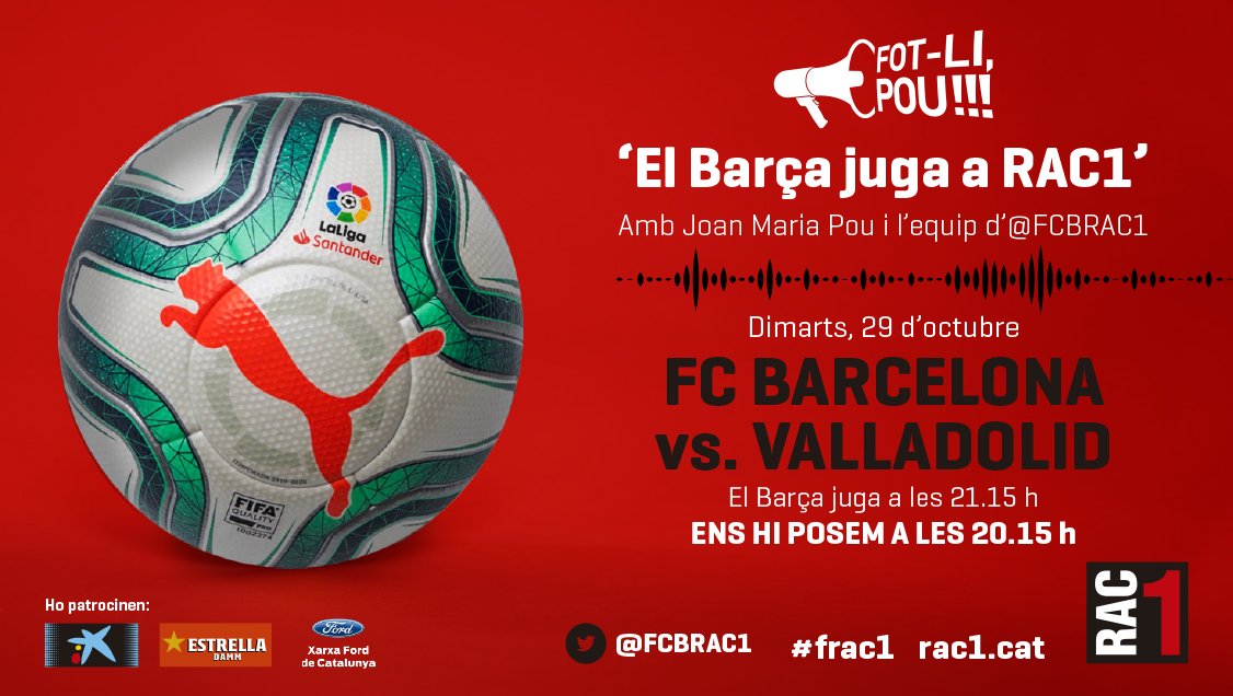 EsportsRAC1's tweet photo. 🎟Sortegem dues entrades dobles per al BARÇA 🆚 Valladolid! 
👉Fes RT abans de la mitjanit per entrar al sorteig! 
 
📆 Dimarts 29/10 ⏰21:15h
📍Camp Nou
🍀Sorteig aquesta nit al #TuDiràs https://t.co/dfvJKCM9cS