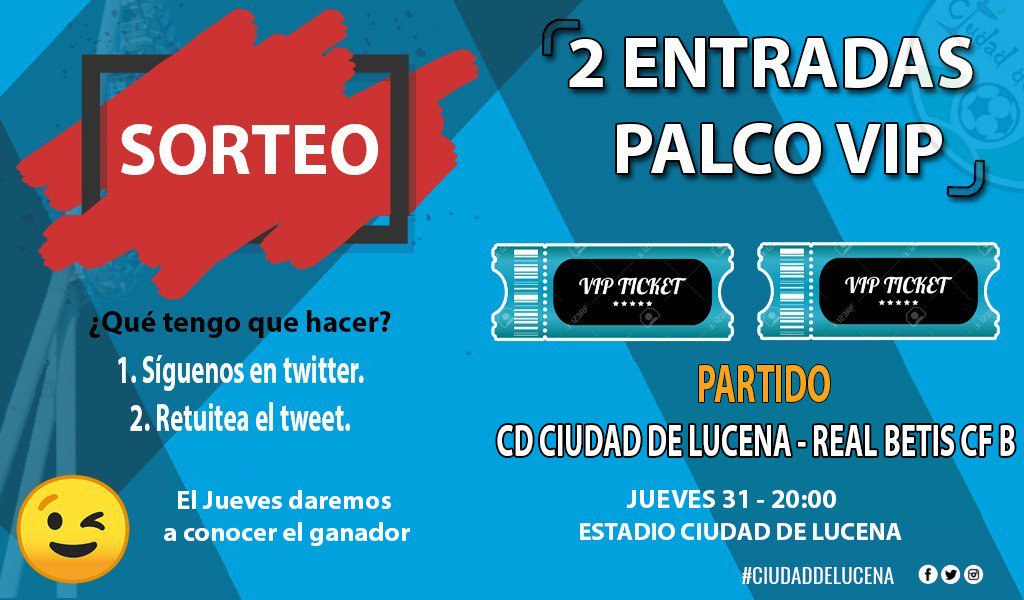 ciudaddelucena's tweet photo. 📢SORTEO | ¡¡REGALAMOS 2 ENTRADAS PALCO VIP!! 🎫 
🔥Te llevamos a ver el #CiudaddeLucenaBetis del próximo Jueves... GRATIS! 

🤳🏻 ¿Cómo participar? ¡Mirá! 👇🏻
🐦 Síguenos en #Twitter y retwittea.
😉 Suerte!!! https://t.co/UY1YDF6i8F