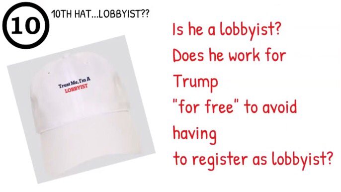 12/ FARA-WAY: Hats 10 & 11 are murky but what’s under the brim10. Lobbyist? Does Rudy work for Trump for free to avoid registering as a lobbyist?11. FARA Agent? He appears to be acting as a lobbyist for foreign nationals, co.’s & govts. So why isn’t he registered under FARA?