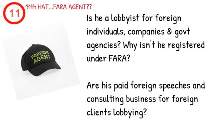 12/ FARA-WAY: Hats 10 & 11 are murky but what’s under the brim10. Lobbyist? Does Rudy work for Trump for free to avoid registering as a lobbyist?11. FARA Agent? He appears to be acting as a lobbyist for foreign nationals, co.’s & govts. So why isn’t he registered under FARA?