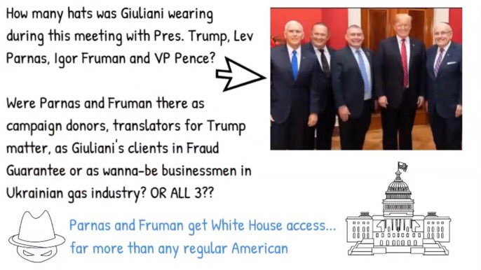 13/ FRAUD GUARANTEE: The many, many, many hats of Rudy Giuliani—9 that we know of and possibly 11—reveal profound entanglements, huge conflicts of interest and massive national security risks.As the Soviet born nationals of Fraud Guarentee will tell you: buying access was easy.