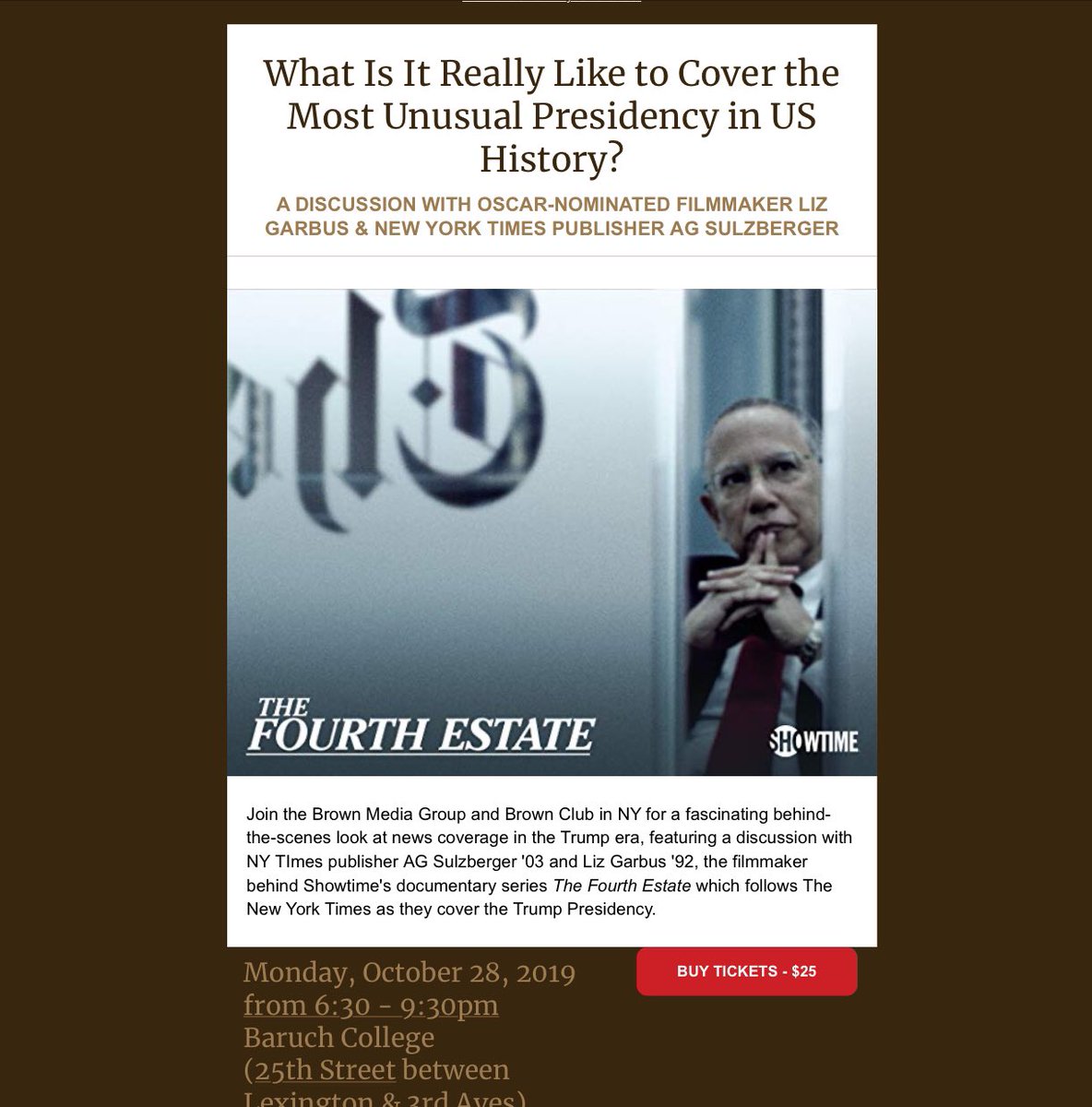sfarkash's tweet photo. Looking forward to tonight’s film/discussion on Reporting in the Age of Trump @BaruchCollege @BrownUniversity @nytimes @Showtime @brownclubny https://t.co/mgX6fMIBaj