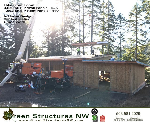 GS_NW's tweet image. 3 SIP roofs in 2 days!  Achieved a R40 with 10" @PremierSIPs with minimal thermal breaks.  1,992 SF included 2 lower roof and 1 upper roof.  Just 2 days to Set, Insulate, Sheath and install Vapor Barrier so it is ready for roofing.  #BuildGreen #GreenBuilding