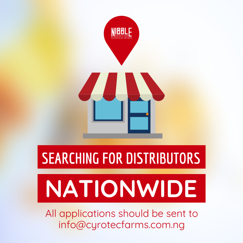 Nibble_NG's tweet photo. Great news guys!!! We are searching for distributors all over Nigeria... 

If you will like to distribute the best plantain chips in the country, send us an email on info@cyrotecfarms.com.ng right away. 

Kindly RT

#NibbleChips #DistributorsNeeded #PlantainChips #Originality https://t.co/cIsP4OrAgx
