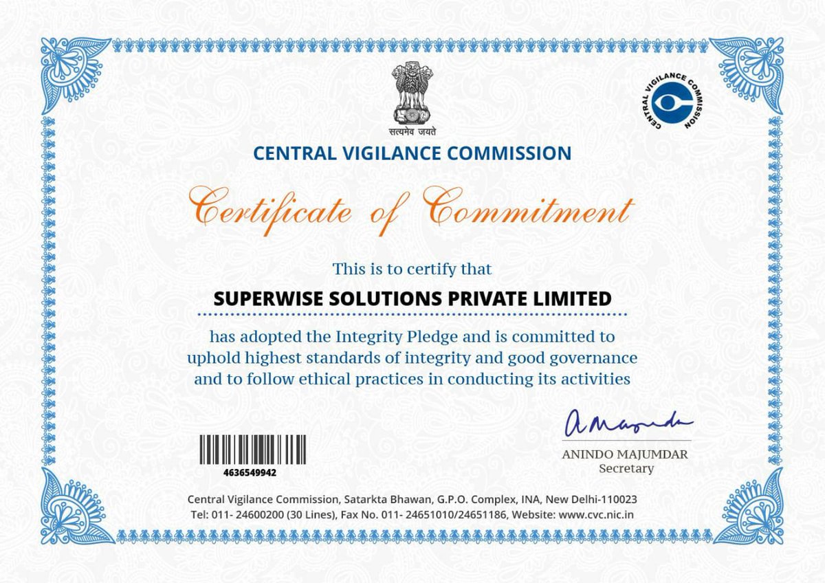 #superwise is committed to absolute #integrity and maintains honesty &amp; truthfulness in business.
Let's say no to corruption, bribery and collusion &amp; celebrate #vigilanceweek2019 <a href="/CVCIndia/">CVC, Govt. of India</a>