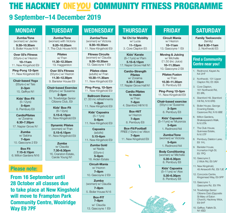 MoveTogetherKP's tweet photo. Affordable drop-in fitness classes available all over Hackney for people who live and work in the borough! Follow the link for a timetable and locations to find a class that works for you https://t.co/XcI0bdVfts #movingtogether @hackneycouncil @oneyouPHE 🤸🏿 💃🏽 https://t.co/GsRSTat2aU