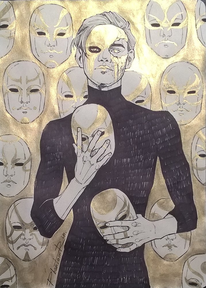 PhantomRin on Twitter: "Day 26 - Pretender #inktober #inktober2019 # pretender #mask #guy #faces #art #illustration #traditional #ink #gold #original #PhantomRin https://t.co/syFHUFxARH" / Twitter