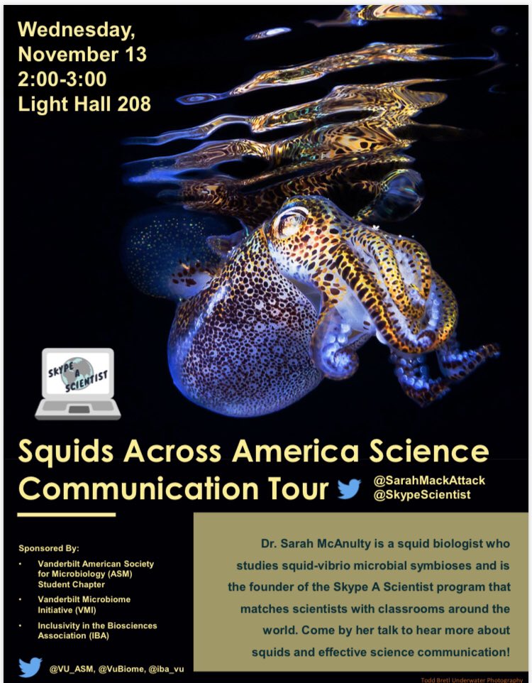 Vanderbilt University ASM (@vu_asm) on Twitter photo Mark your calendars for Nov 13th! we are excited to team up with <a href="/VuBiome/">Vanderbilt Microbiome</a> and <a href="/iba_vu/">IBA_VU</a> to make vandy a stop on the squids across America scicom tour with <a href="/SarahMackAttack/">Sarah McAnulty, Ph.D</a>! Join us in lighthall 208 at 2pm. See the flyer below for more details. Pls rt! Mark your calendars for Nov 13th! we are excited to team up with <a href="/VuBiome/">Vanderbilt Microbiome</a> and <a href="/iba_vu/">IBA_VU</a> to make vandy a stop on the squids across America scicom tour with <a href="/SarahMackAttack/">Sarah McAnulty, Ph.D</a>! Join us in lighthall 208 at 2pm. See the flyer below for more details. Pls rt!