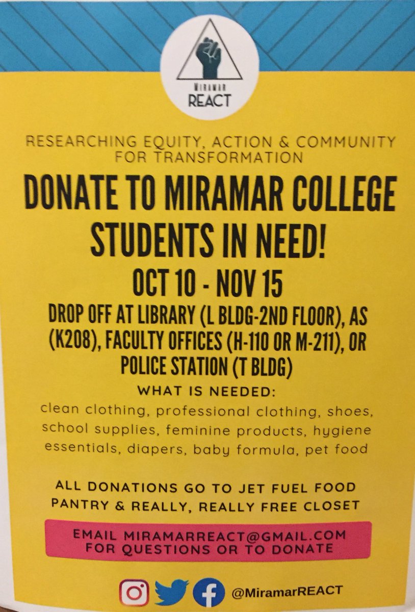 sdmiramarenv's tweet image. Help @SDMiramar students! Donate clothes, shoes, school supplies, and more: Oct 10 - Nov 15
 
For more info: @MiramarReact 

#Community #CollegeLife