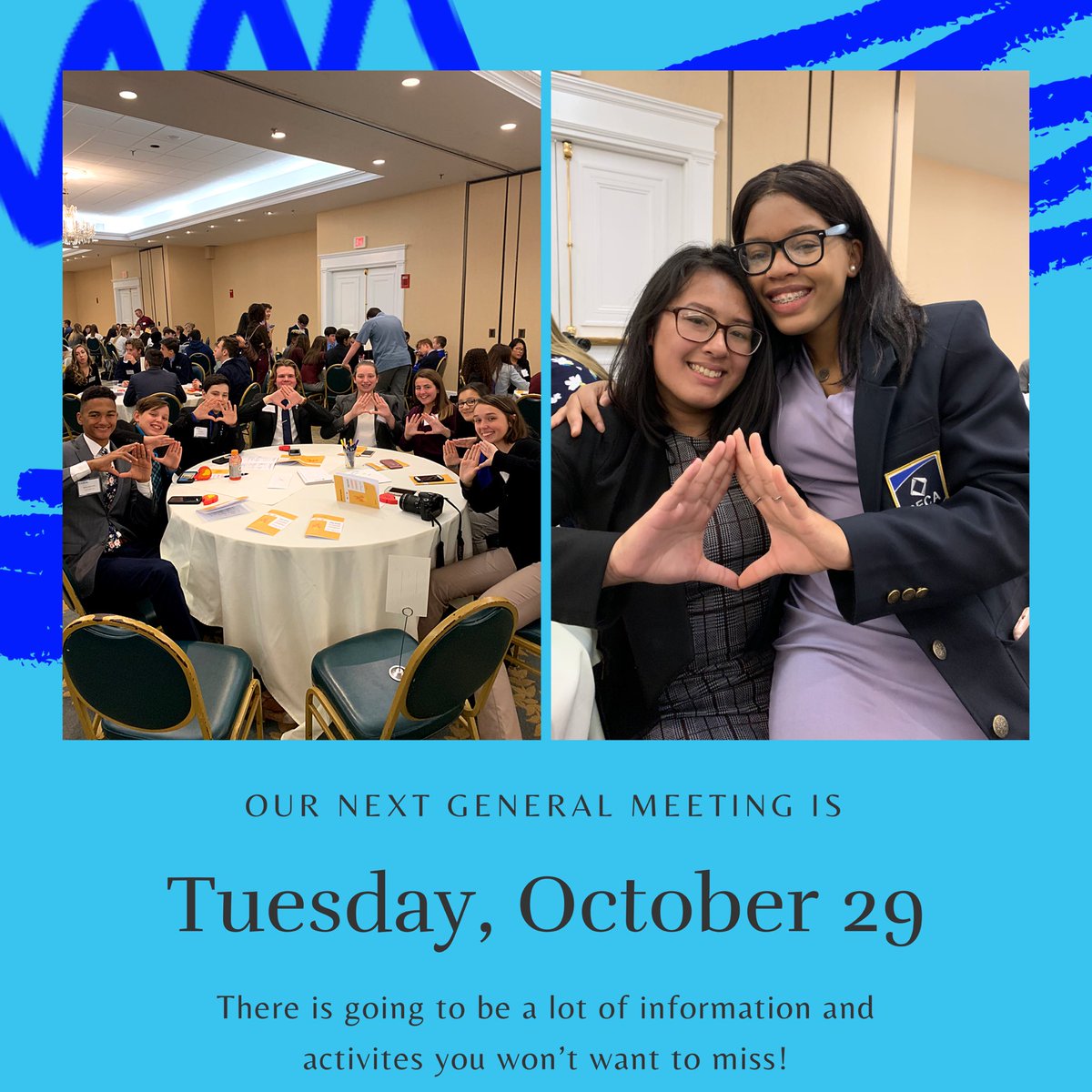Our next general meeting is Tuesday, October 29th right after school in the BLGI! There is going to be a lot of information and activities you won’t want to miss! #deca #massdeca #tauntondeca #taunton #meeting