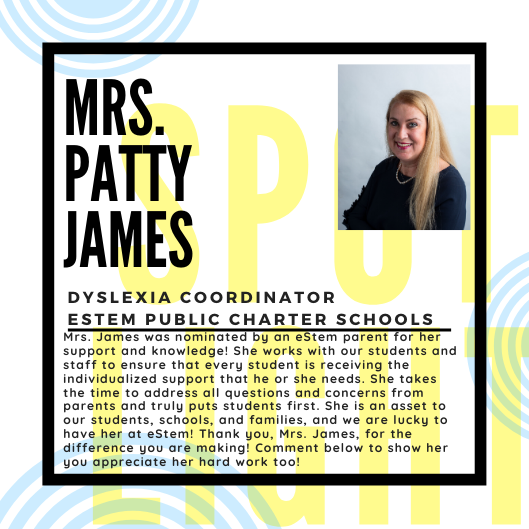 eStemPCS's tweet photo. This week, we'd like to spotlight Mrs. James, our Dyslexia Coordinator district-wide! A parent nominated her, and we are excited to highlight her hard work!

If you have someone you'd like to nominate, please send us a message! https://t.co/Pffc2hZAy8