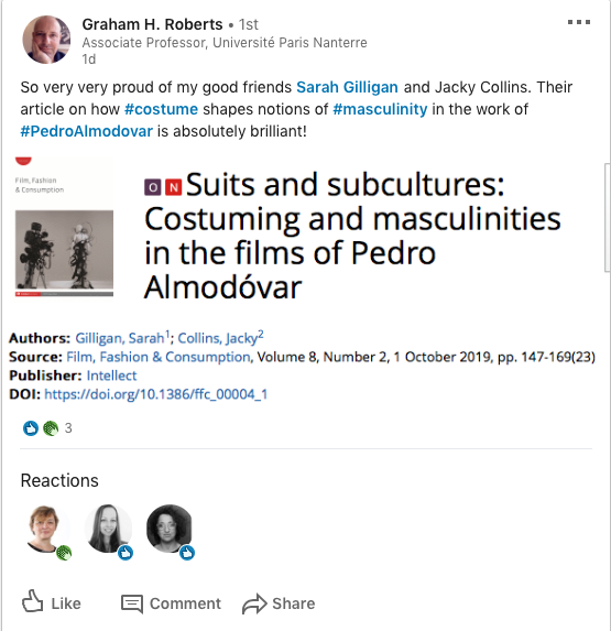 DrSarahGilligan's tweet photo. When you log into LinkedIn to find that your #FCVC2019 co-organiser @RobertsGraham1 has posted an incredibly lovely comment about the article that you've co-written with @CollinsJacky for @journalFFC from @IntellectBooks. 😊 The article is #openaccess at: https://t.co/1PMgTDfwjn https://t.co/we6js90VBn
