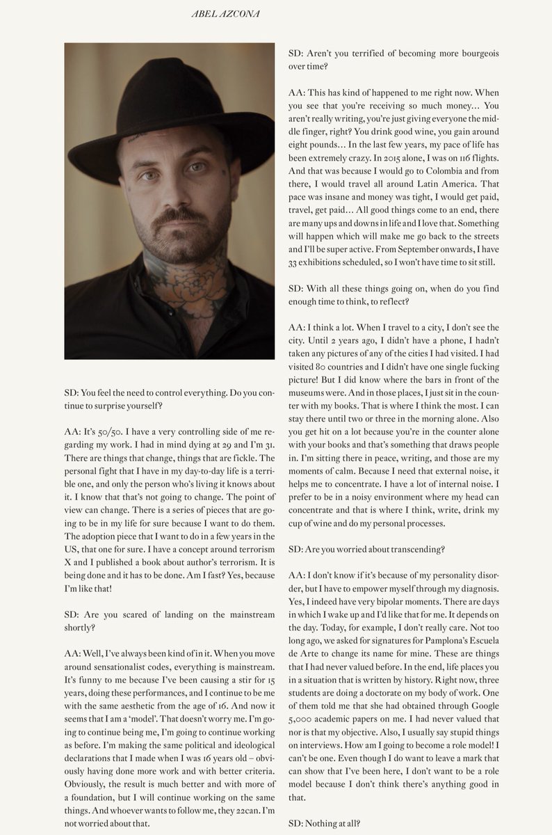 <a href="/abelazcona/">Abel Azcona</a> constant affront to power and justice likens him to one of those figures from Greek tragedies that continue to be cultural models for humanity. I wonder how does he resemble the myth of the god Dionysus? Full interview on <a href="/Metal_Magazine/">METAL MAGAZINE</a> In libraries &amp; kiosks now!