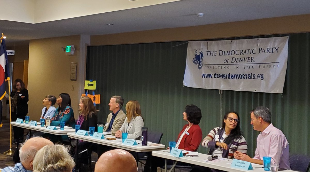 Justa_Jus's tweet photo. Second stop: Denver Democrats US Senate Forum (2 of 4). Everyone on stage is being really funny today. Lot's of good jokes from our candidates. Also, look who showed up this time! #copolitics #cpolitics #denver https://t.co/oDb3Q0EfuV