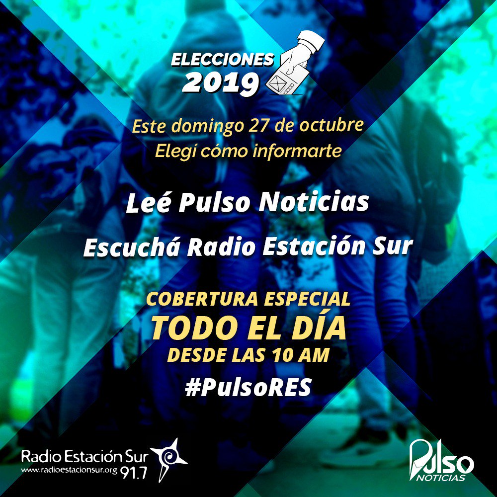 pulsonoticiasok's tweet photo. #PulsoRES 🗳 Mañana acompañanos en la cobertura conjunta de @EstacionSur917 y @pulsonoticiasok | Desde las 10 AM hasta el cierre de la jornada, te proponemos una manera diferente de seguir estas #Elecciones2019 | 📻 #Escuchanos 💻 #Leenos 📱#Compartinos https://t.co/8jMqgk05o8