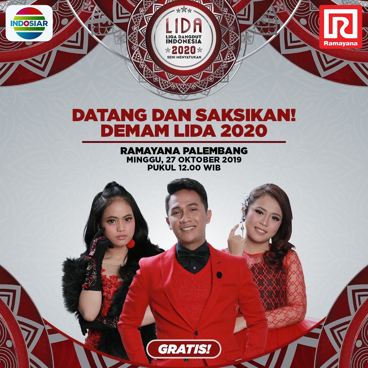 Indosiar's tweet photo. Kalian sudah siap goyang bareng Putri, Ridwan, dan Selfi di Ramayana Palembang? Yuk, datang dan ramaikan #DemamLIDA besok Minggu, 27 Oktober pukul 12.00 WIB. https://t.co/tQ76pE0uhc