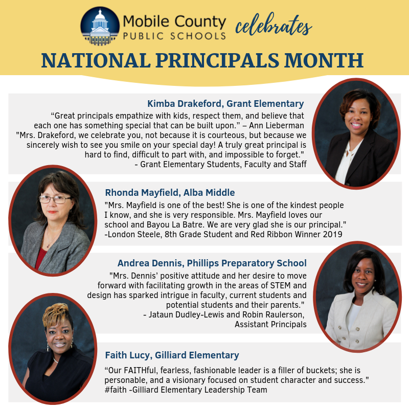 For National Principals Month, we will spotlight a few principals each day to say THANK YOU. Principals are truly the heart, soul &amp; backbone of <a href="/MobilePublicSch/">MobilePublicSchools</a>. We are grateful for their leadership, kindness &amp; relentless hard work to ensure students’ success. #learningleading