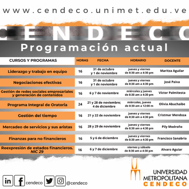 ExtensionUNIMET's tweet photo. #CENDECO Programación actual.
Conoce el contenido de cada una de nuestras actividades, haz clic aquí https://t.co/QmuJZbatUa https://t.co/LjJs0mgPDV