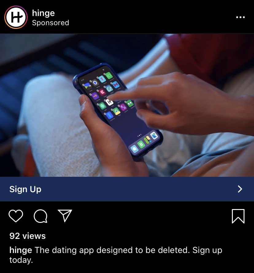 rachelburkeAD's tweet photo. Really great positioning of this ad from @hinge ✅ https://t.co/agIMaTb9CP