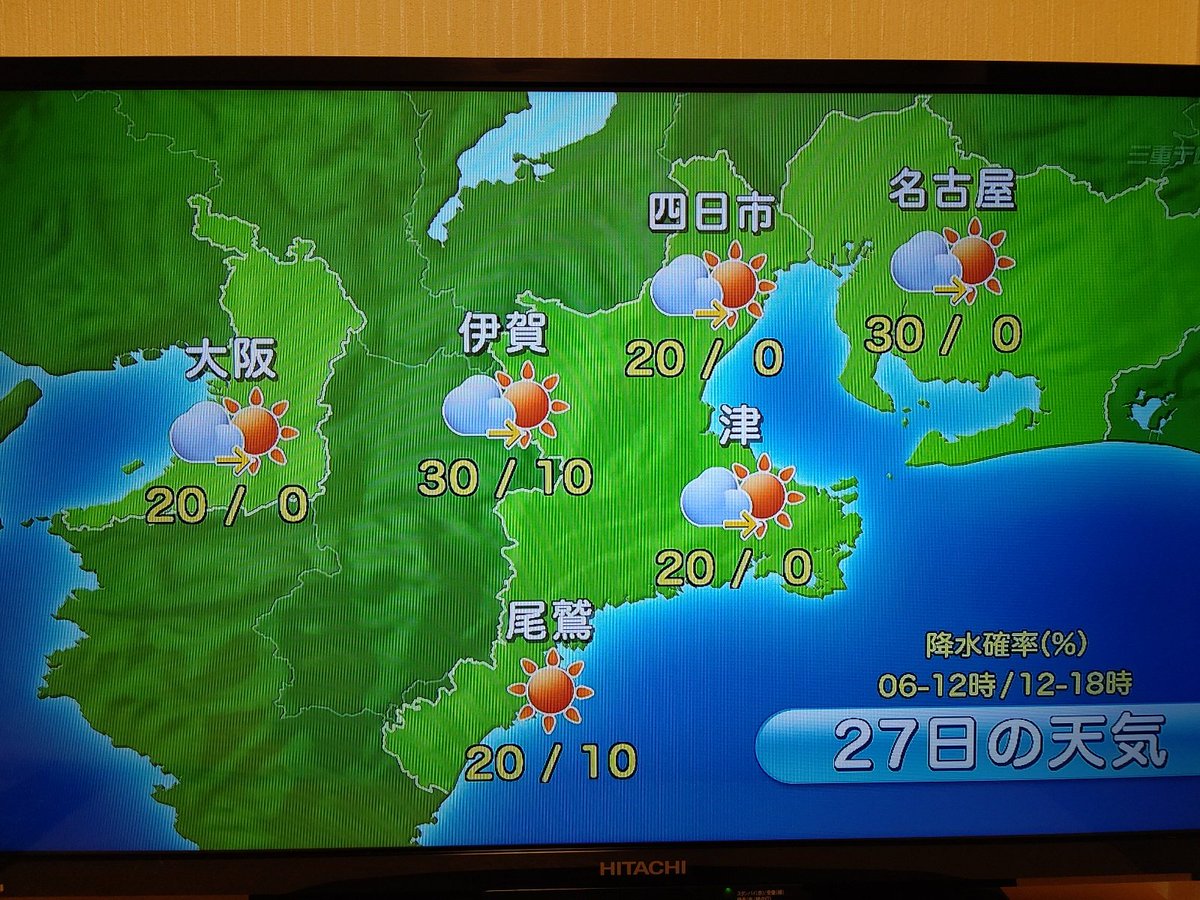 ちぃまーき れらぴ系ほまみいみ 三重テレビより 明日10 27の三重県の天気予報 桑名のお隣の四日市は曇りのち晴れ 最高気温23