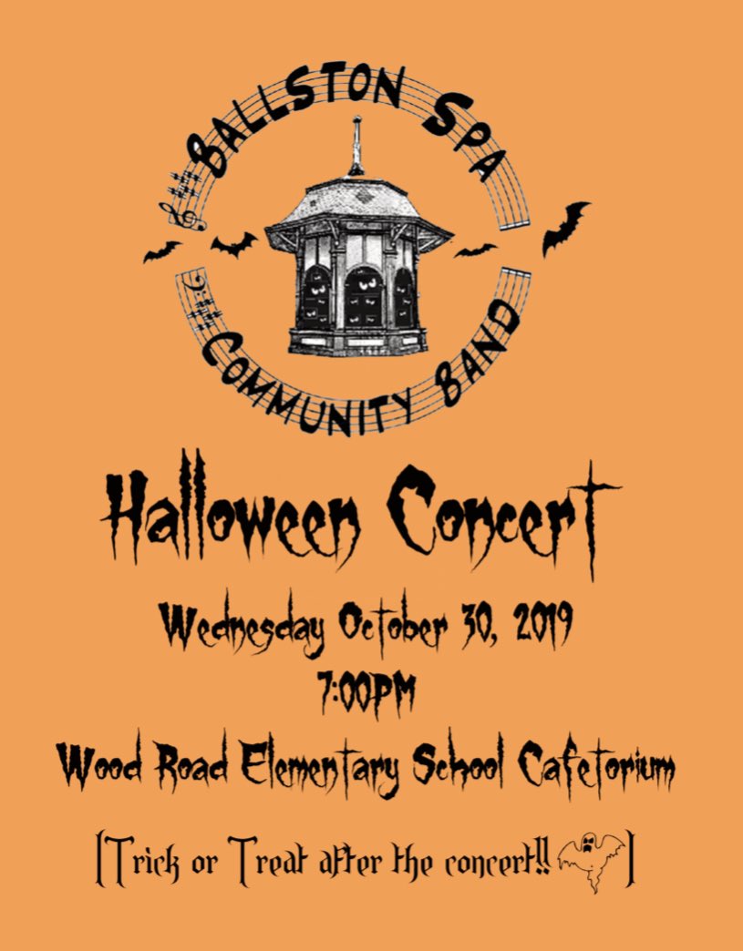This year we will be joined by more than 40 students from <a href="/MaltaAveElem/">Malta Ave Elementary</a> <a href="/MiltonTerrace/">Milton Terrace Elem</a> @GordonCreekElem @Wood_Road_Elem <a href="/BSMS_Scotties/">Ballston Spa MS</a> &amp; <a href="/BSPAHS/">BSPAHS</a> ! Join us for some Halloween fun and trick or treating at the end for the kids. Wednesday 7:00 @Wood_Road_Elem #bspamusic #BSCSD