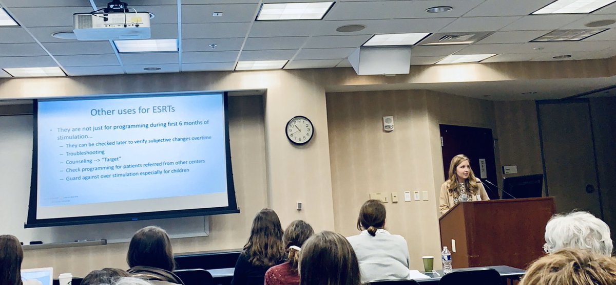 katelynaberg's tweet photo. Enjoying Dr. @jourdanholder’s talk this morning discussing the importance of using eSRTs to set upper stimulation levels for children and adult #CochlearImplant users! #objectivemeasures #audpeeps @VUMCHearSpeech @VBWC_CI_LAB @VUHearSpeechPhD https://t.co/1WRB0u0KRS