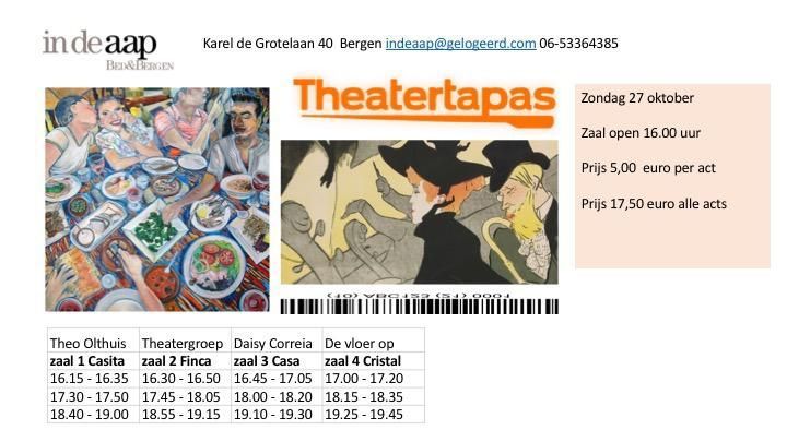 Theater &amp; Tapas in B&amp;B In de Aap op 27 oktober 2019 is een aanrader! Bestellen via indeaap@gelogeerd.com of op: bit.ly/2OQqdCg #K10D2019 #theater #tapas