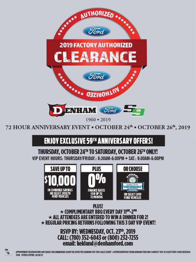 DenhamFord's tweet photo. Day 3 &amp; the final day of our 59th Anniversary sale here at Denham Ford. Come on in for a complimentary burger and a coffee, chat with our friendly staff and test drive a new ford too.
Cars &amp; trucks really DO cost less in Wetaskiwin! https://t.co/kr5cEQ5NCs