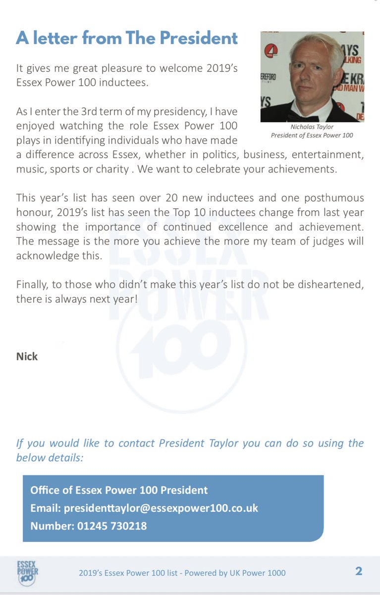 EssexPower100's tweet image. 2019’s Essex Power 100 list is out tomorrow 🎖🎖🎖 A letter from our president @NickTaylorLLB essexpower100.co.uk/2019-essex-pow… #Essex #EssexPower100