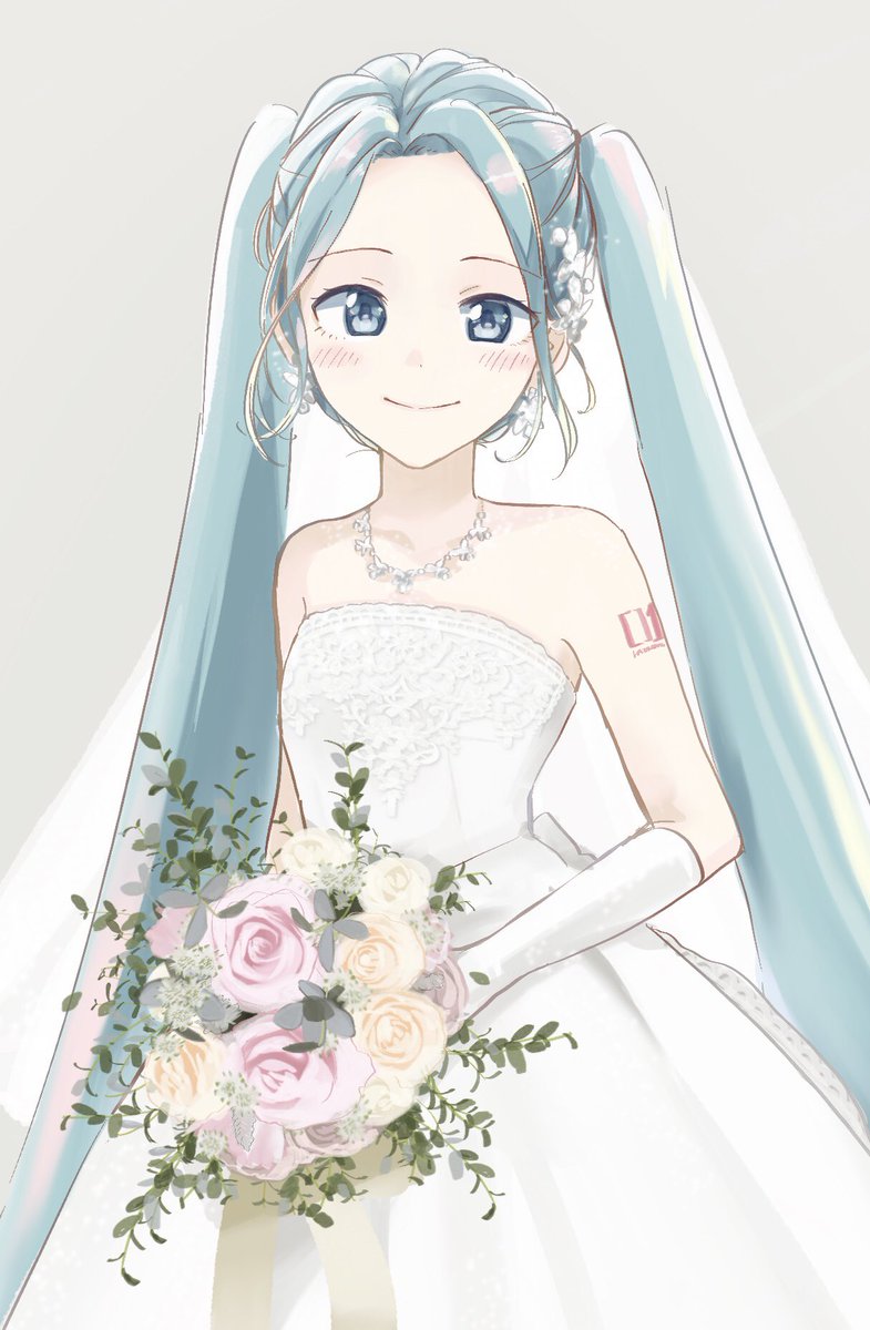 hatsune miku 1girl dress bouquet solo flower wedding dress twintails  illustration images