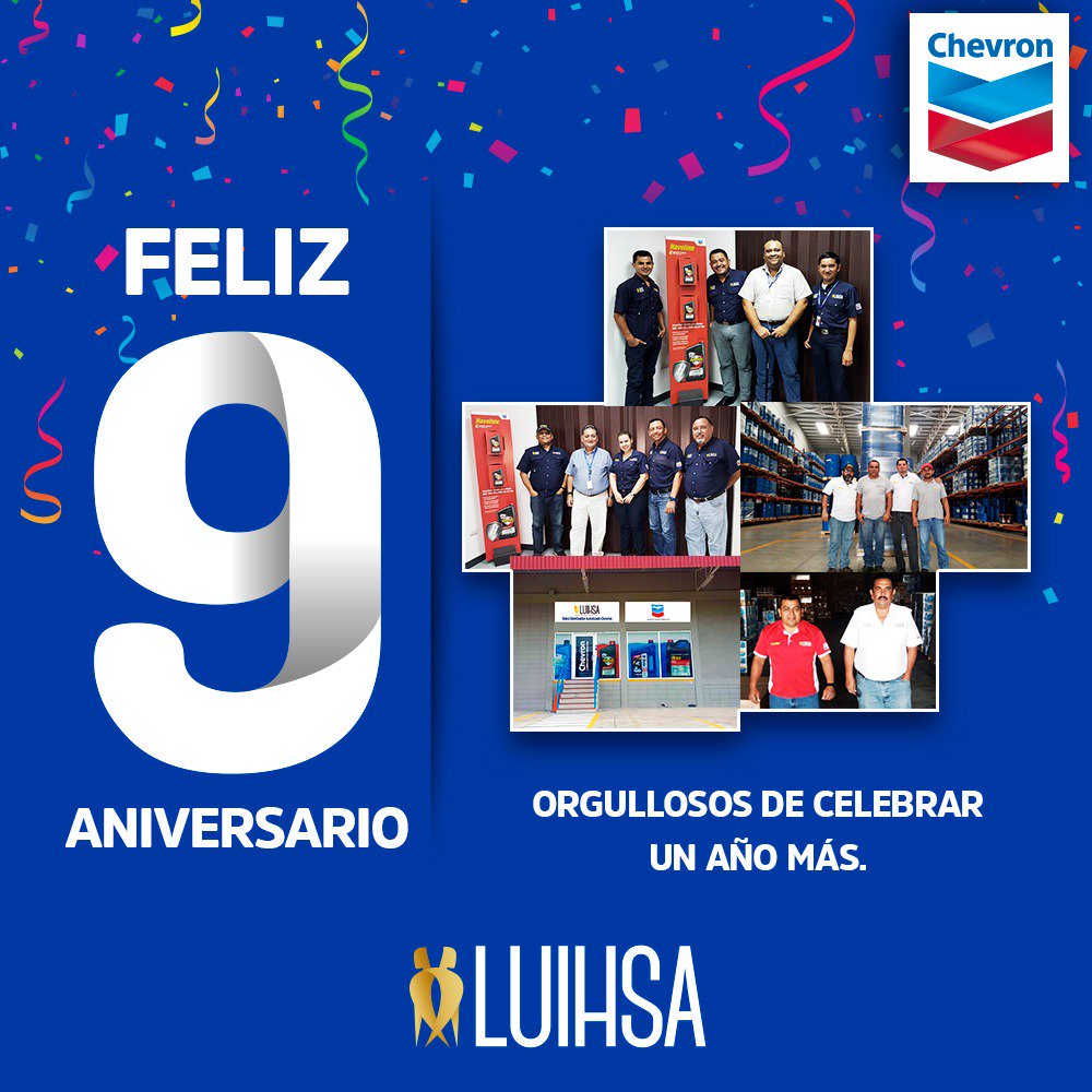 LuihsaHn's tweet photo. ¡En Luihsa estamos muy felices de celebrar junto a nuestros clientes, amigos y colaboradores, nuestro 9 aniversario de fundación!  #Luihsa #Chevron #LubricantesPremium #9Aniversario https://t.co/hN0bxUjUx5