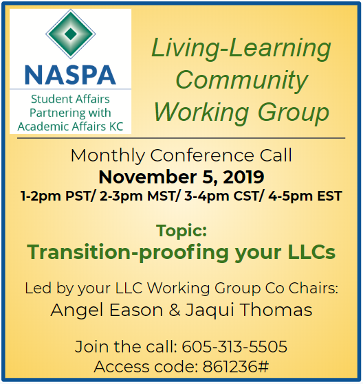 SAPAAKC1's tweet photo. 🗣🗣🗣 Get involved with the #SAPAAKC Living-Learning Communities Working Group!

The next conference call will be Tue., 11/5, at 1 - 2 pm PST/ 4 - 5 pm EST. This month's topic is "Transition-proofing your LLCs", and the call will be led by  Co-Chairs: Angel Eason &amp; Jaqui Thomas. https://t.co/40iJORWIwb