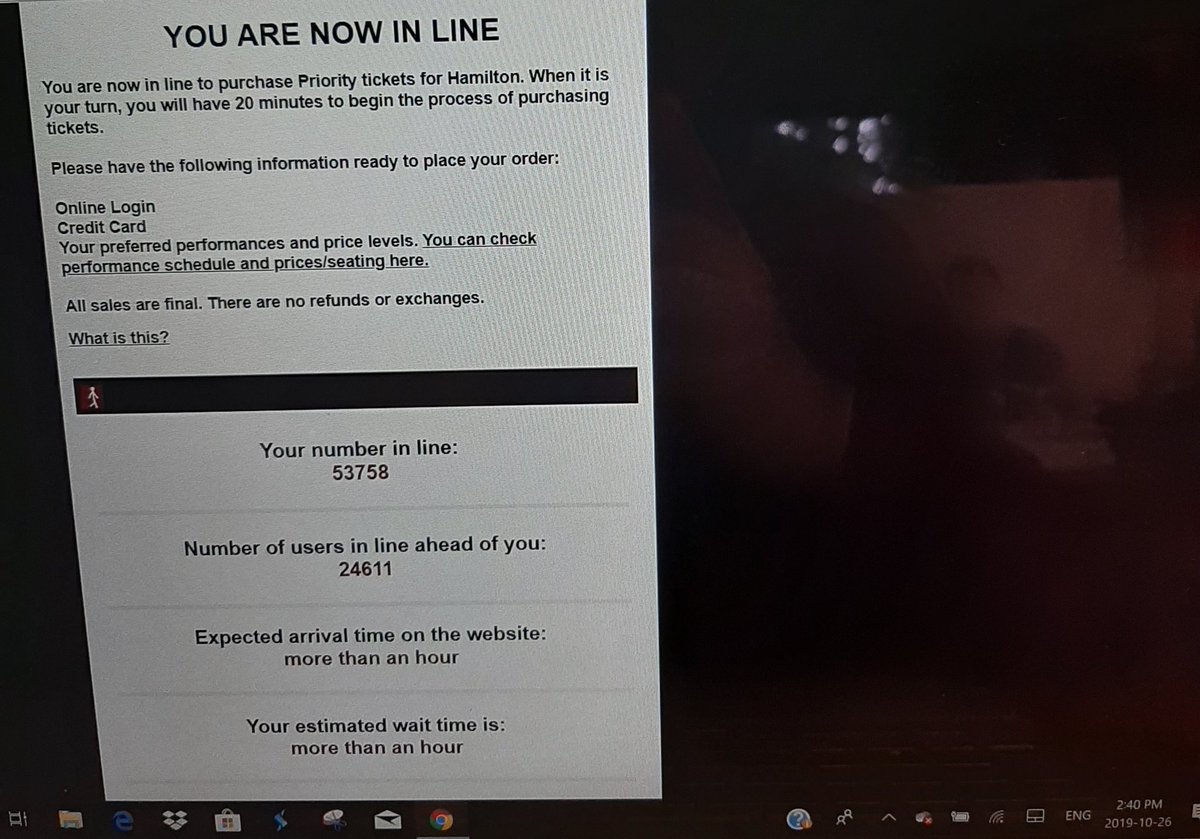 CoreyHelm2's tweet image. @Mirvish I waited on #queueit from 10am-1:30pm for #Hamilton tix, started off as 21000 in line, finally got into Ticket King, had 4 tickets in my shopping cart &amp;amp; due to huge delays online my order was timed out, tix were removed, and I was bumped to 53758! #unacceptable