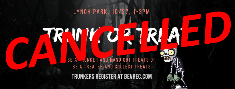 BevRec's tweet image. We are sad to report that heavy rain is predicted for Sunday, so we must cancel TRUNK OR TREAT at Lynch Park. We will not hold the event tomorrow (10/27) from 1-3:00pm. THANK YOU very much to all who volunteered. We'll have an even bigger and better Halloween event next year!