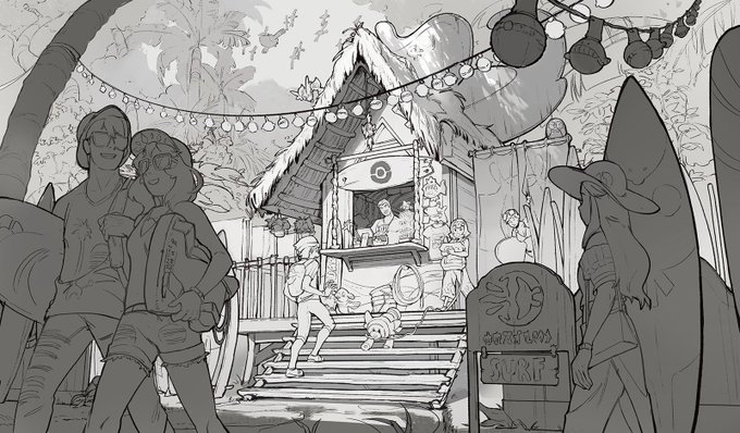 Alola Theme Park project! I'm imagining it to be almost like a tropical resort &amp; since Mantine Surfing is such a big thing, I wanted visitors to be able to rent out surf boards and Mantine gear. There would also be raid battles!! I kept the linework because Bewear is lurking... 