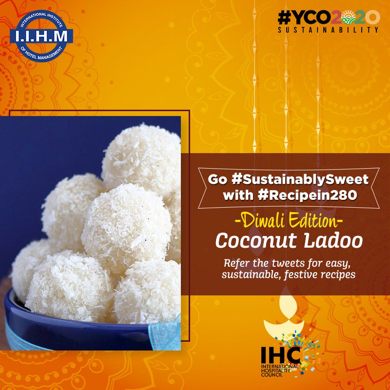 IIHMHOTELSCHOOL's tweet photo. Make your Diwali #SustainablySweet with #IIHM. Here is #CoconutLadoo for you!
Read the #Recipein280 to know how it's made.
Ghee + Grated Coconut + Cardamom + Condensed Milk.
Add all the ingredients to hot ghee. Mix it well. Savor it by making ladoos after it cools down.
(V) https://t.co/Wut2f6F3WZ